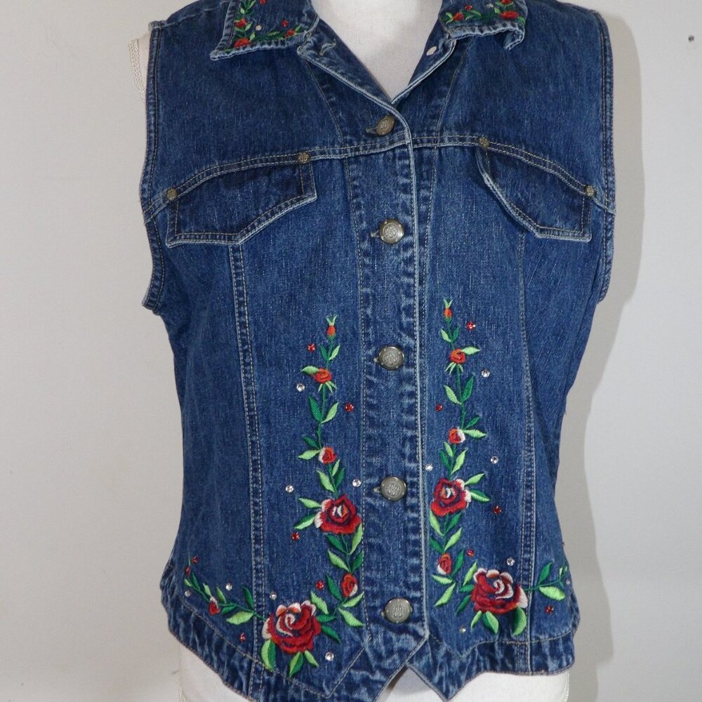 Share Bill Blass Denim Vest Women's Size L Roses & Rhinestones Vintage
